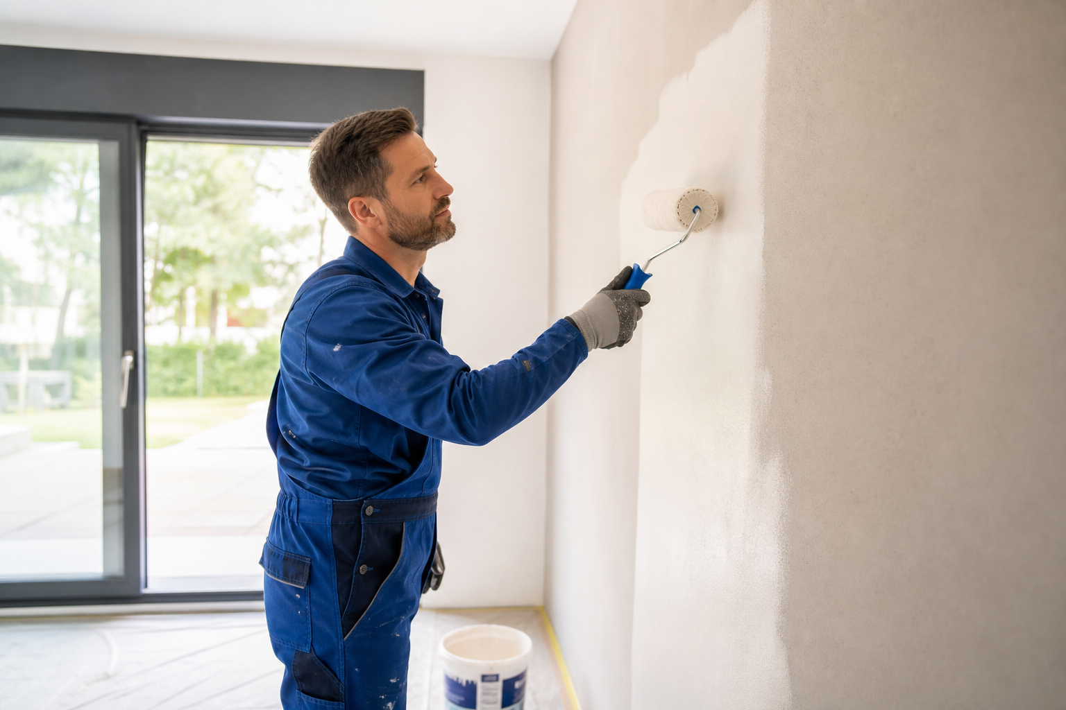 Professioneller Maler bei der Arbeit in einem modernen Raum